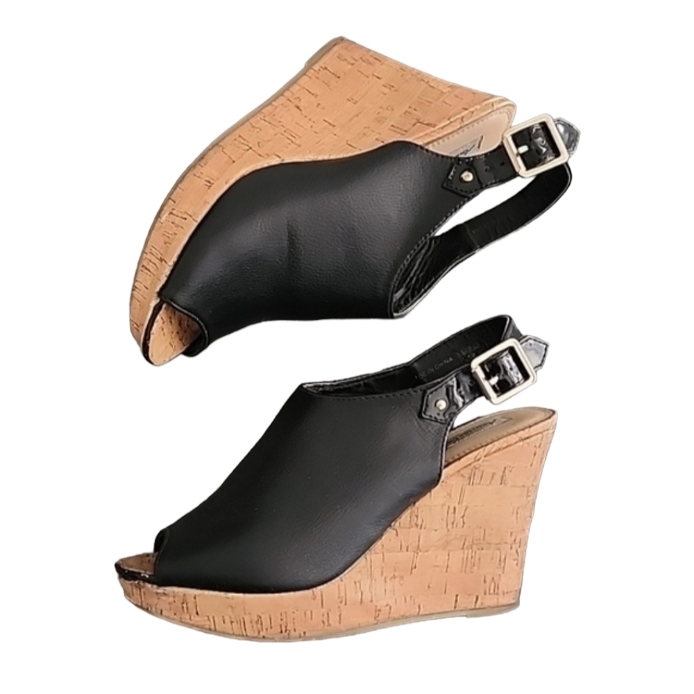 AEO AMERICAN EAGLE Slingback Cork Wedge Sandals 8.5 Pebbled Black Vegan Leather - Picture 5 of 16
